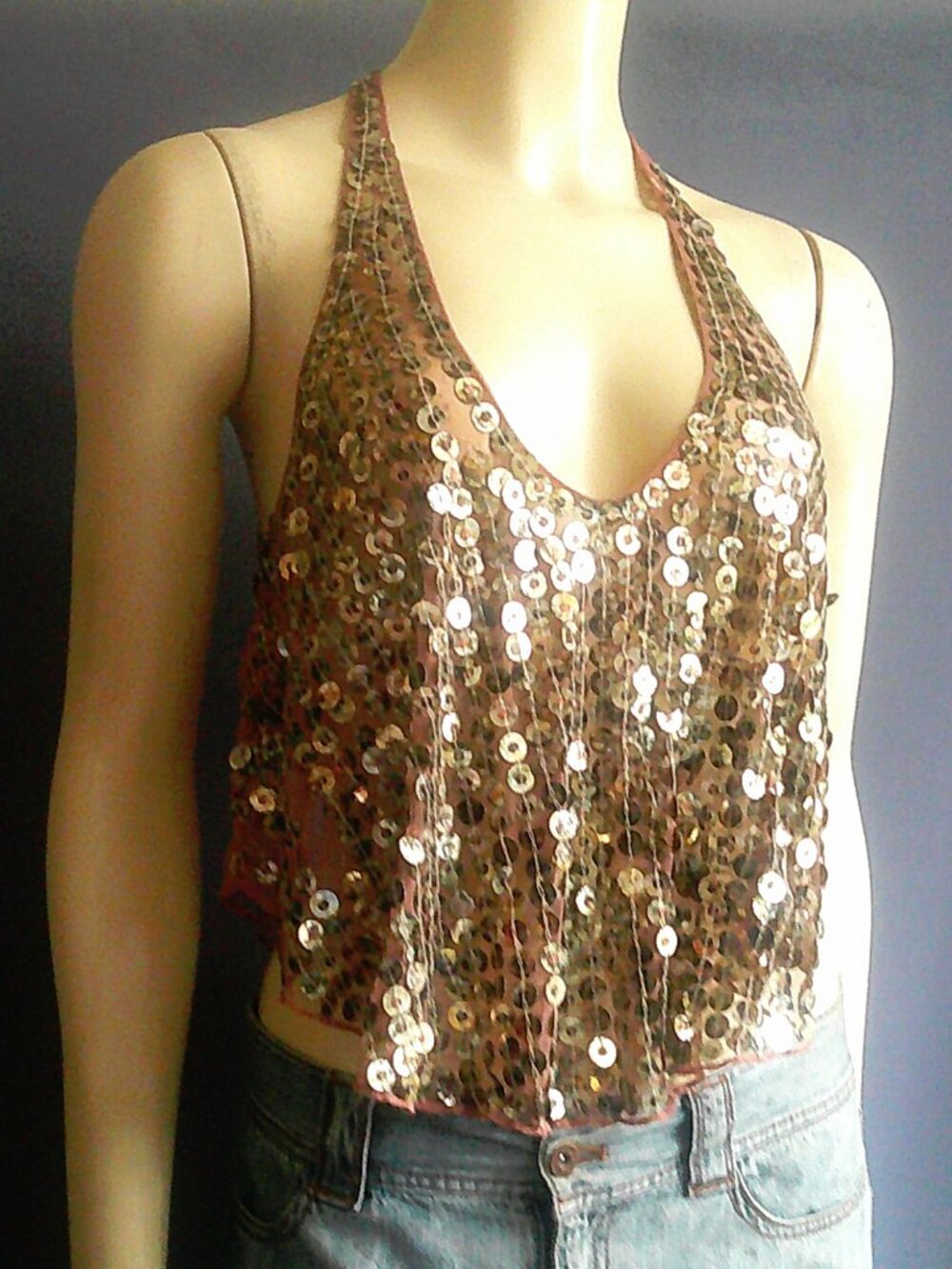 Free People NWT Sheer Net Paillettes Halter Top Sm Missing a few Pailettes